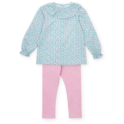 Lila & Hayes Girls Emma Pink Leggings Set - Green Holly Holiday Top by Lila & Hayes
