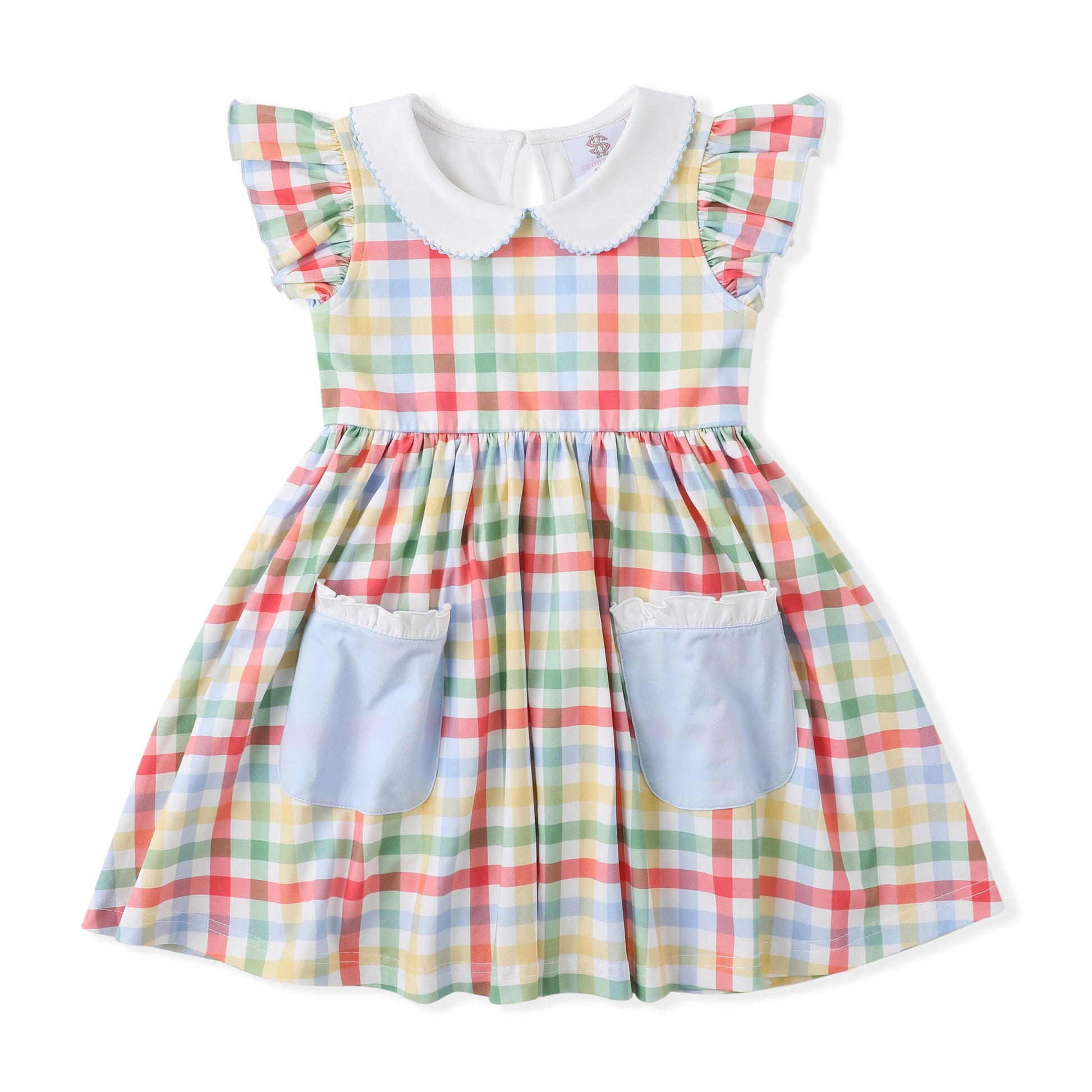 Swoon Baby Girls Colorful Rainbow Plaid Proper Dress with Pockets