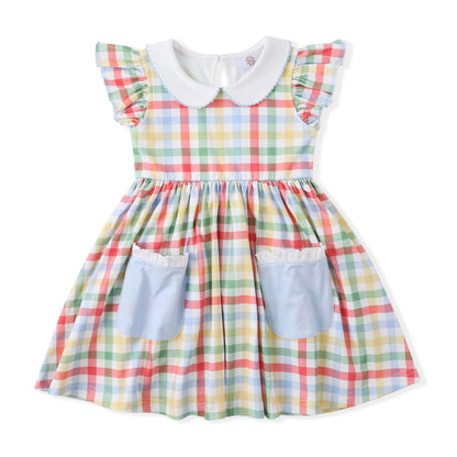 Swoon Baby Girls Colorful Rainbow Plaid Proper Dress with Pockets