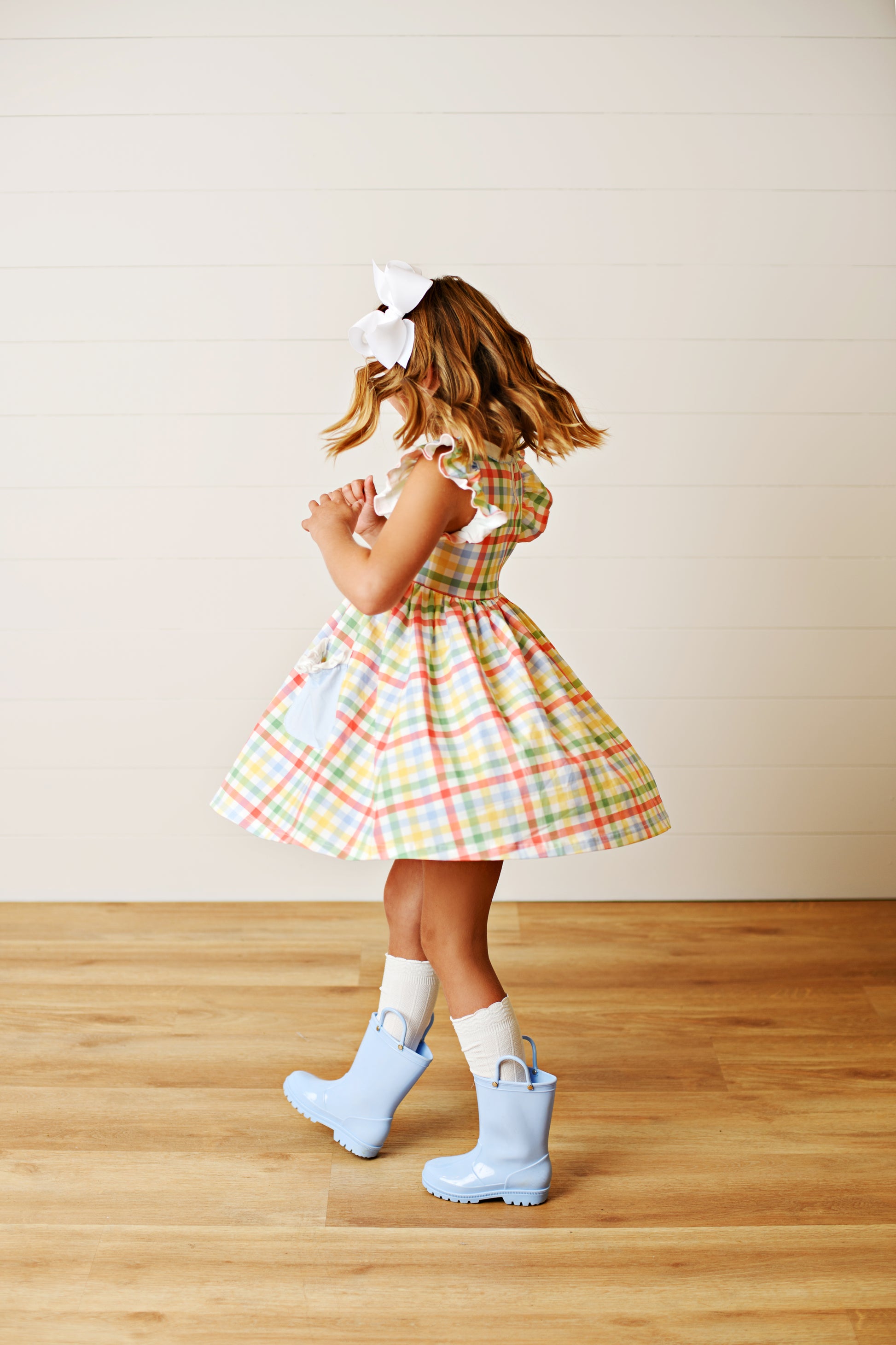 Swoon Baby Girls Colorful Rainbow Plaid Proper Dress with Pockets