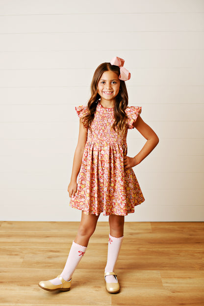 Swoon Baby Girls Smocked Flutter Dress - Orange Fall Floral
