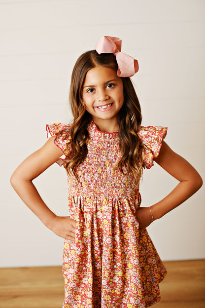 Swoon Baby Girls Smocked Flutter Dress - Orange Fall Floral