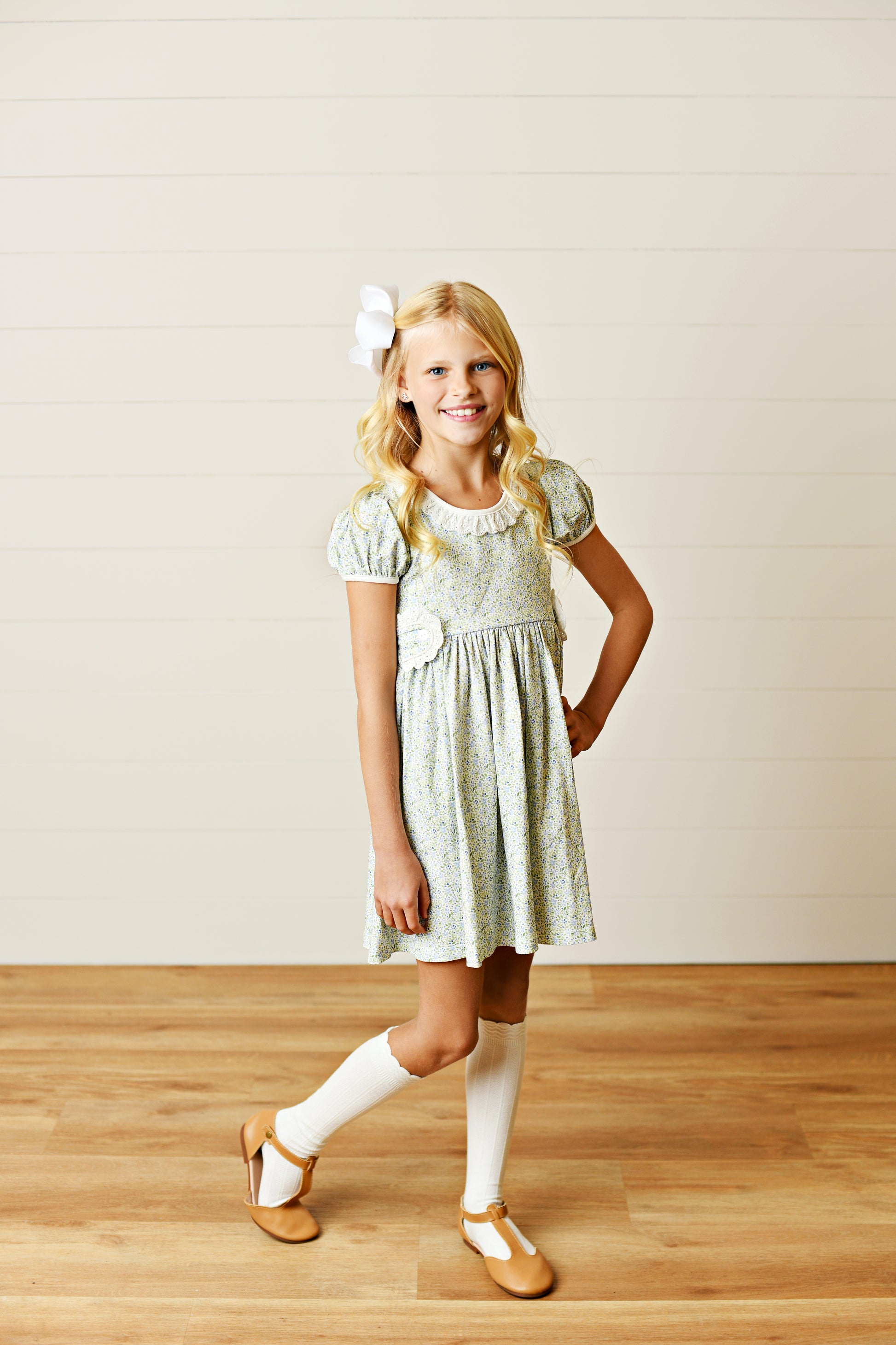 Swoon Baby Girls Blue Floral Gwen Tab Dress - Ruffle Collar