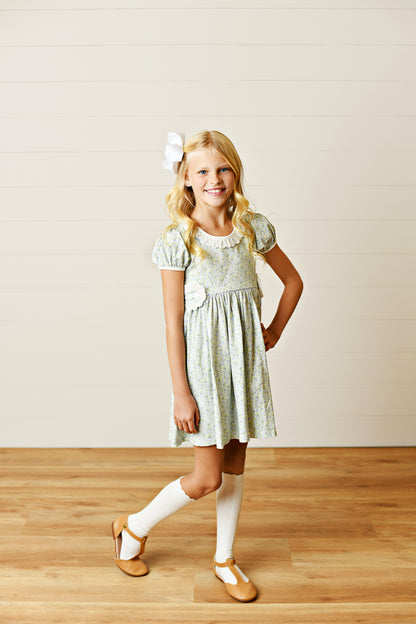 Swoon Baby Girls Blue Floral Gwen Tab Dress - Ruffle Collar