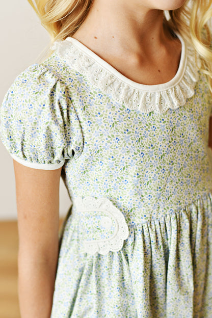 Swoon Baby Girls Blue Floral Gwen Tab Dress - Ruffle Collar
