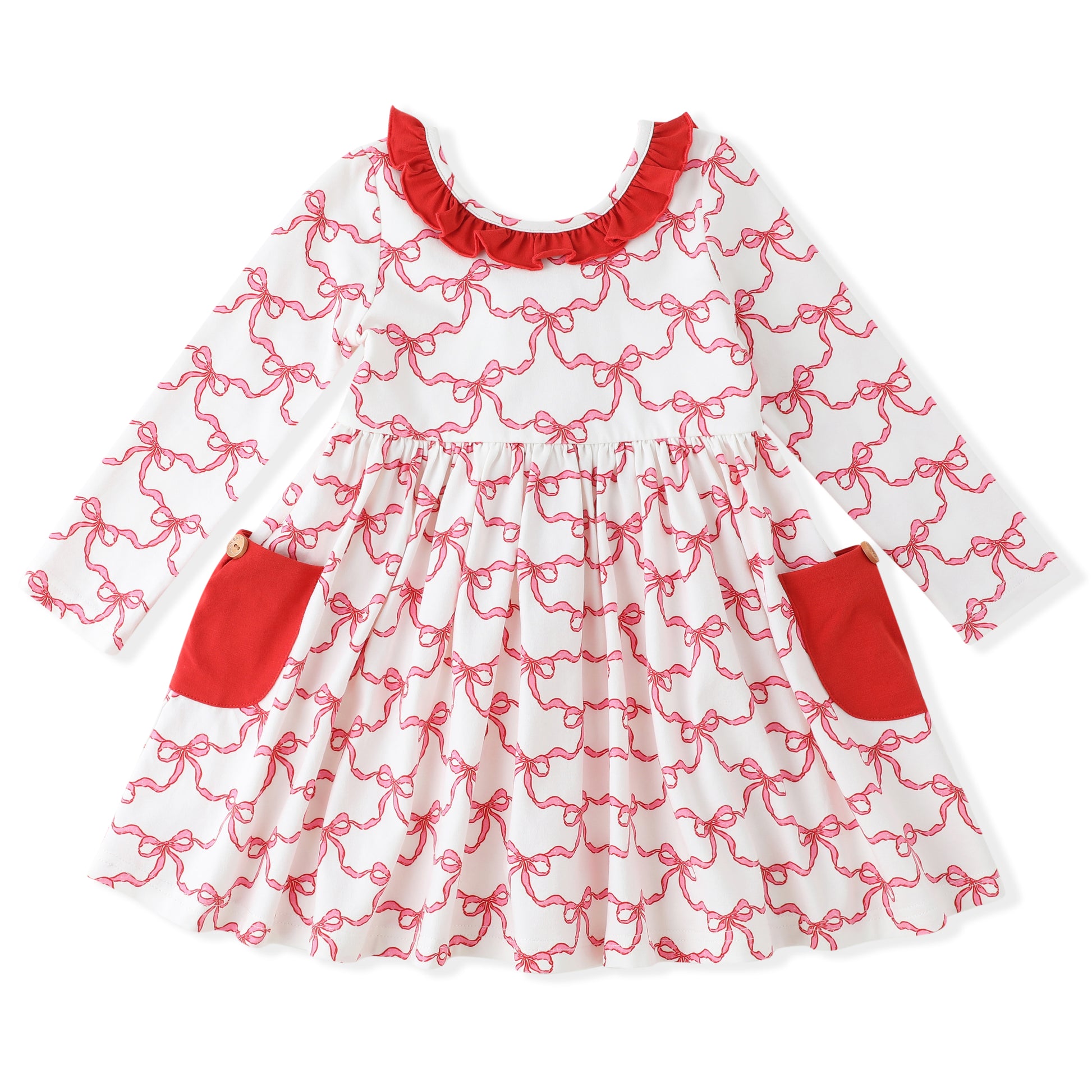 Swoon Baby Girls Pocket Twirl Dress - Red Christmas Bows