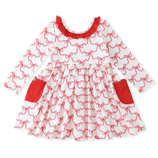 Swoon Baby Girls Pocket Twirl Dress - Red Christmas Bows