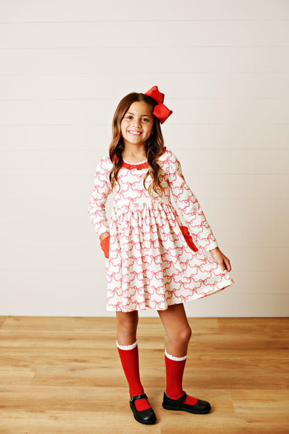 Swoon Baby Girls Pocket Twirl Dress - Red Christmas Bows