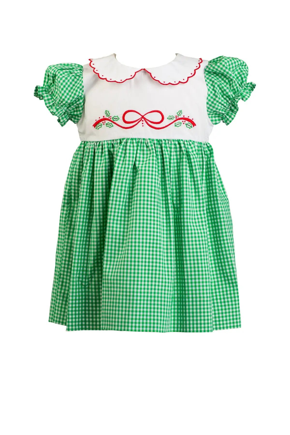 Proper Peony Girls Green Check Carol Christmas Dress with Embroidered Red Bow