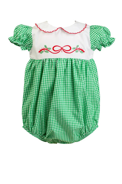 Proper Peony Girls Green Check Carol Christmas Bubble with Embroidered Red Bow