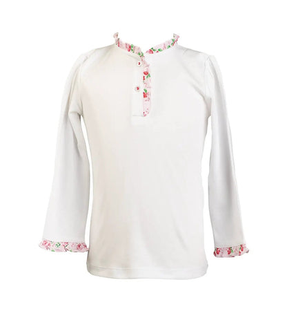 Proper Peony Girls White Henley Top with Pink Zinnia Blooms Trim by Proper Peony