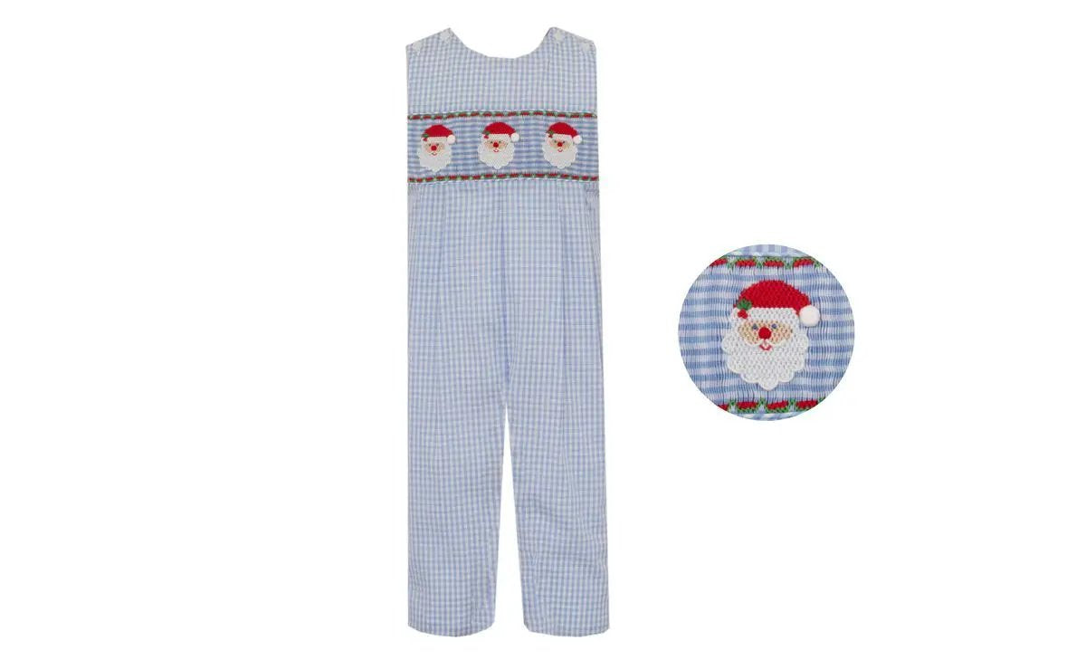 Anavini Boys Blue Gingham Smocked Santa Faces Longall