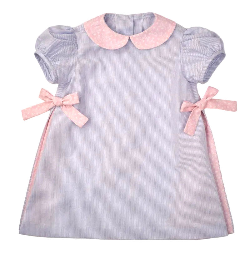 Funtasia Too Girls Blue Striped Dress - Pink Collar & Bows at Sides by Funtasia