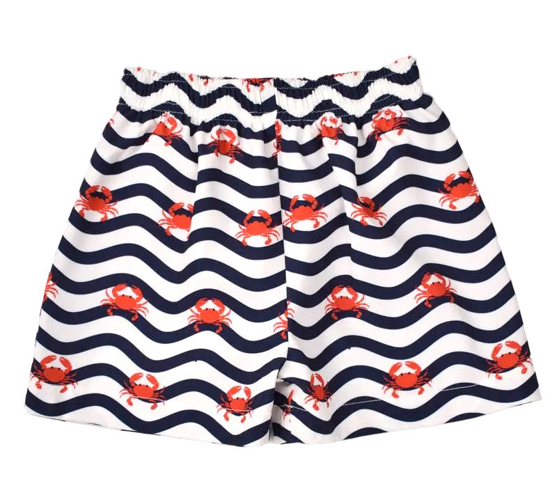 Funtasia Too Boys Swim Trunks - Blue Wavy Stripes with Red Crabs by Funtasia