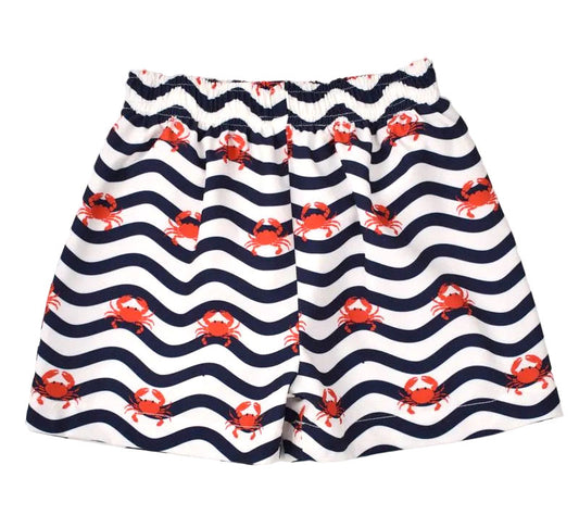 Funtasia Too Boys Swim Trunks - Blue Wavy Stripes with Red Crabs by Funtasia