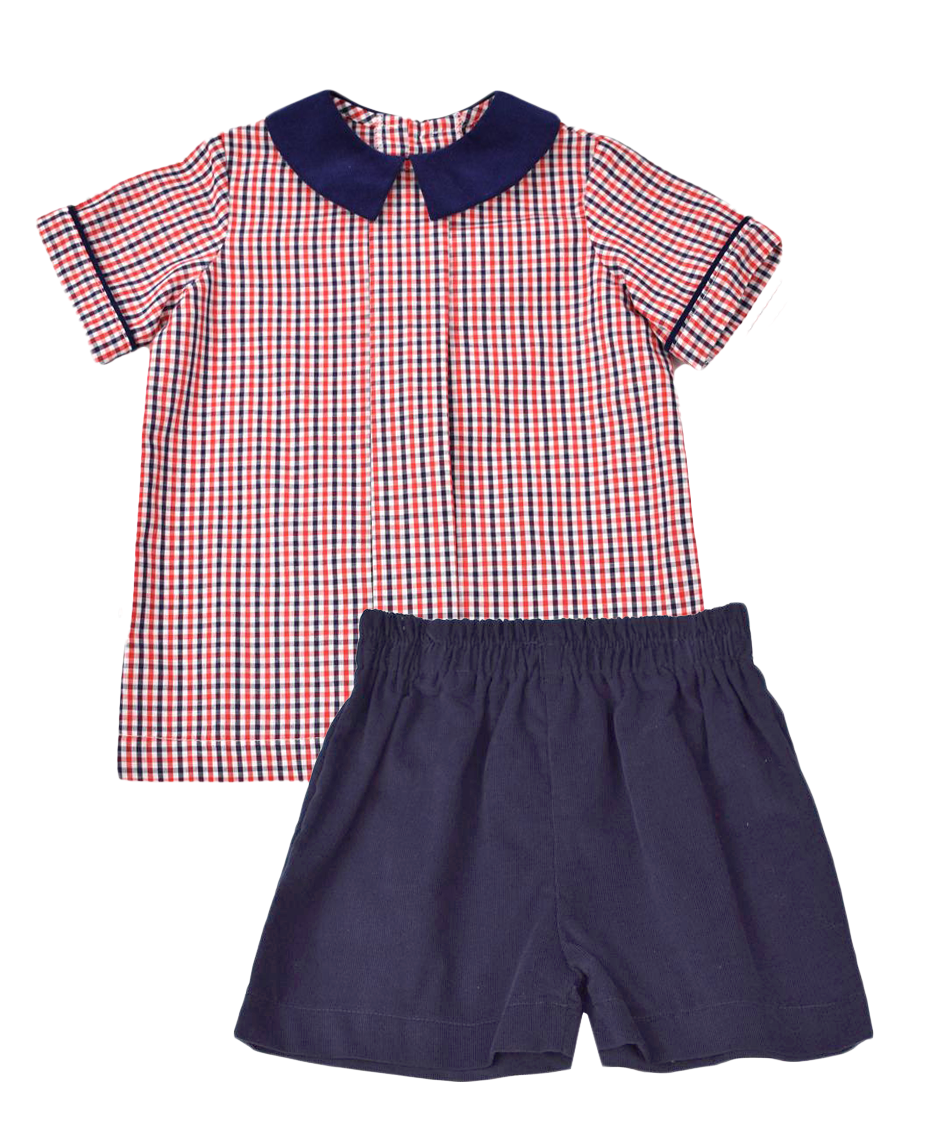Funtasia Too Boys Dressy Shorts Set - Navy Blue with Red & Blue Plaid Shirt