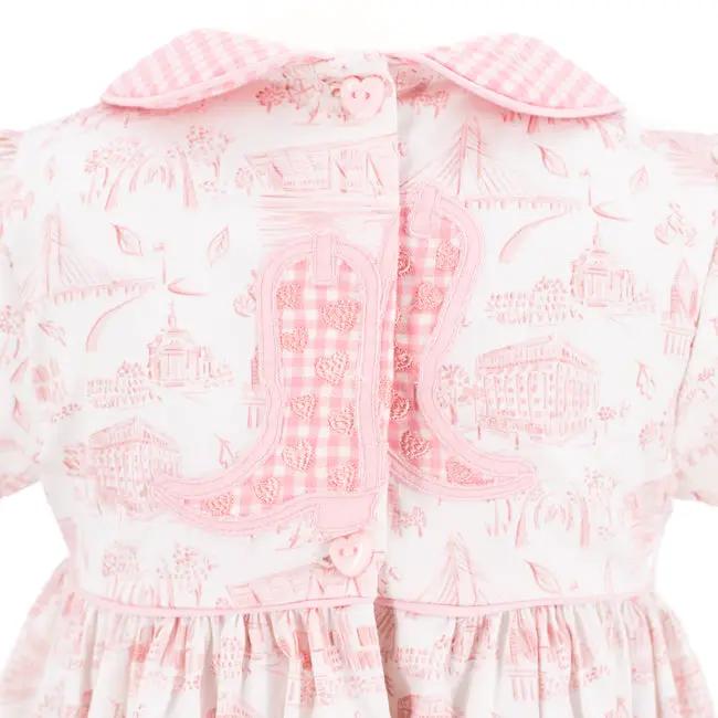 La Boutique by Dondolo Girls Dress - Pink Dallas Texas Toile Print