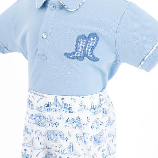 La Boutique by Dondolo Boys Polo & Shorts Set - Blue Dallas Texas Toile Print