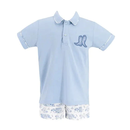 La Boutique by Dondolo Boys Polo & Shorts Set - Blue Dallas Texas Toile Print by Dondolo
