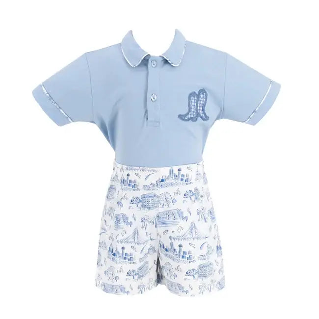 La Boutique by Dondolo Boys Polo & Shorts Set - Blue Dallas Texas Toile Print