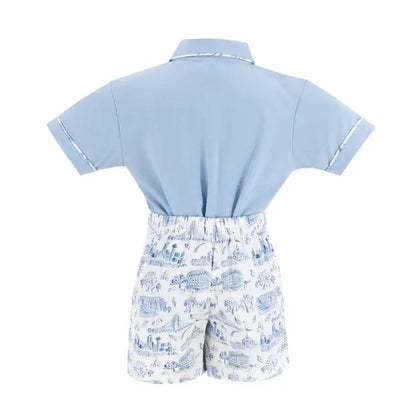 La Boutique by Dondolo Boys Polo & Shorts Set - Blue Dallas Texas Toile Print by Dondolo