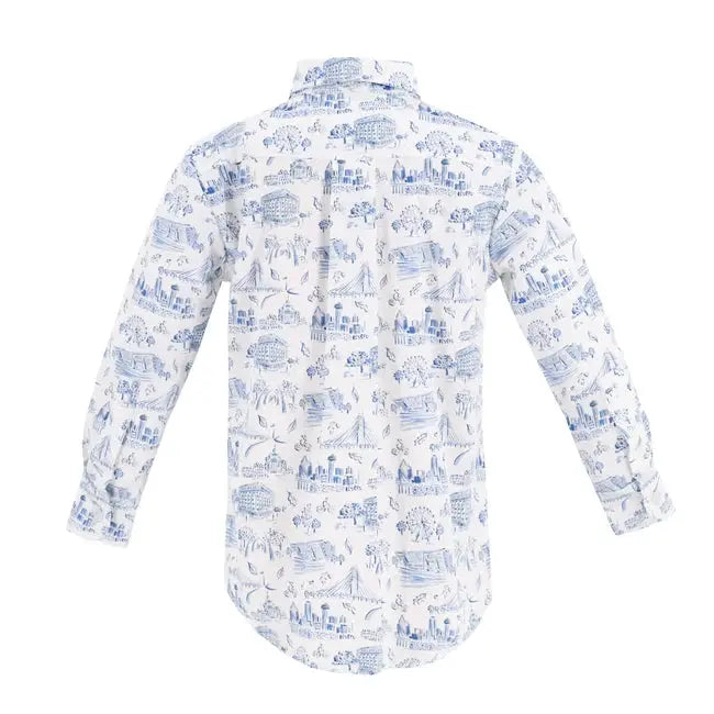 La Boutique by Dondolo Boys Button Down Shirt - Blue Dallas Texas Toile Print