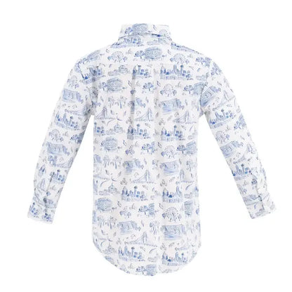 La Boutique by Dondolo Boys Button Down Shirt - Blue Dallas Texas Toile Print by Dondolo