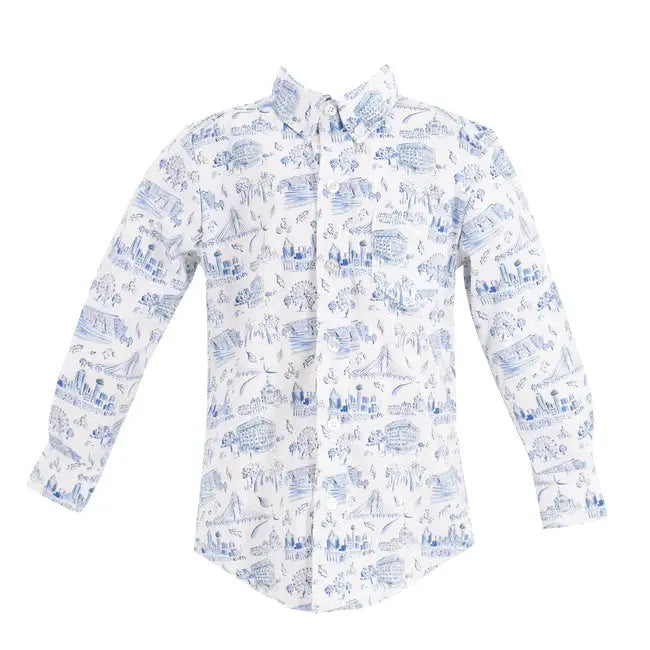 La Boutique by Dondolo Boys Button Down Shirt - Blue Dallas Texas Toile Print