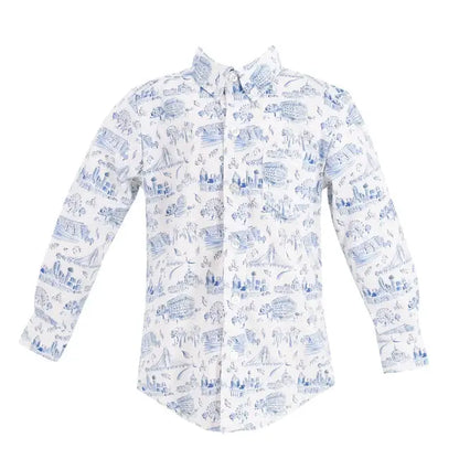 La Boutique by Dondolo Boys Button Down Shirt - Blue Dallas Texas Toile Print by Dondolo