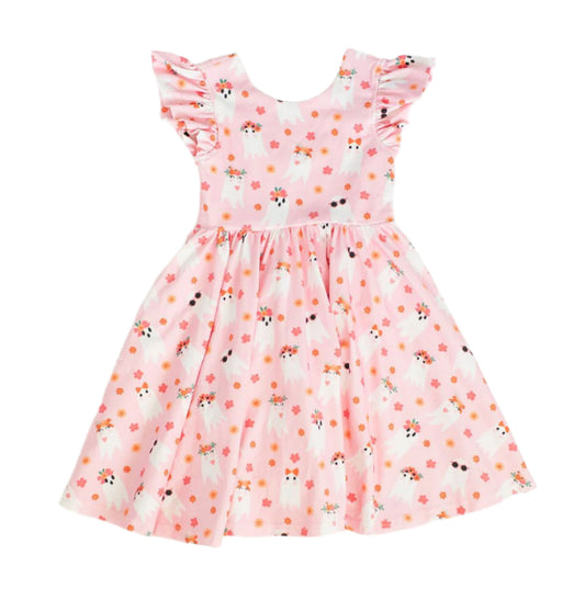 Ollie Jay Girls Olivia Twirl Dress - Pink Halloween Ghosts by Ollie Jay