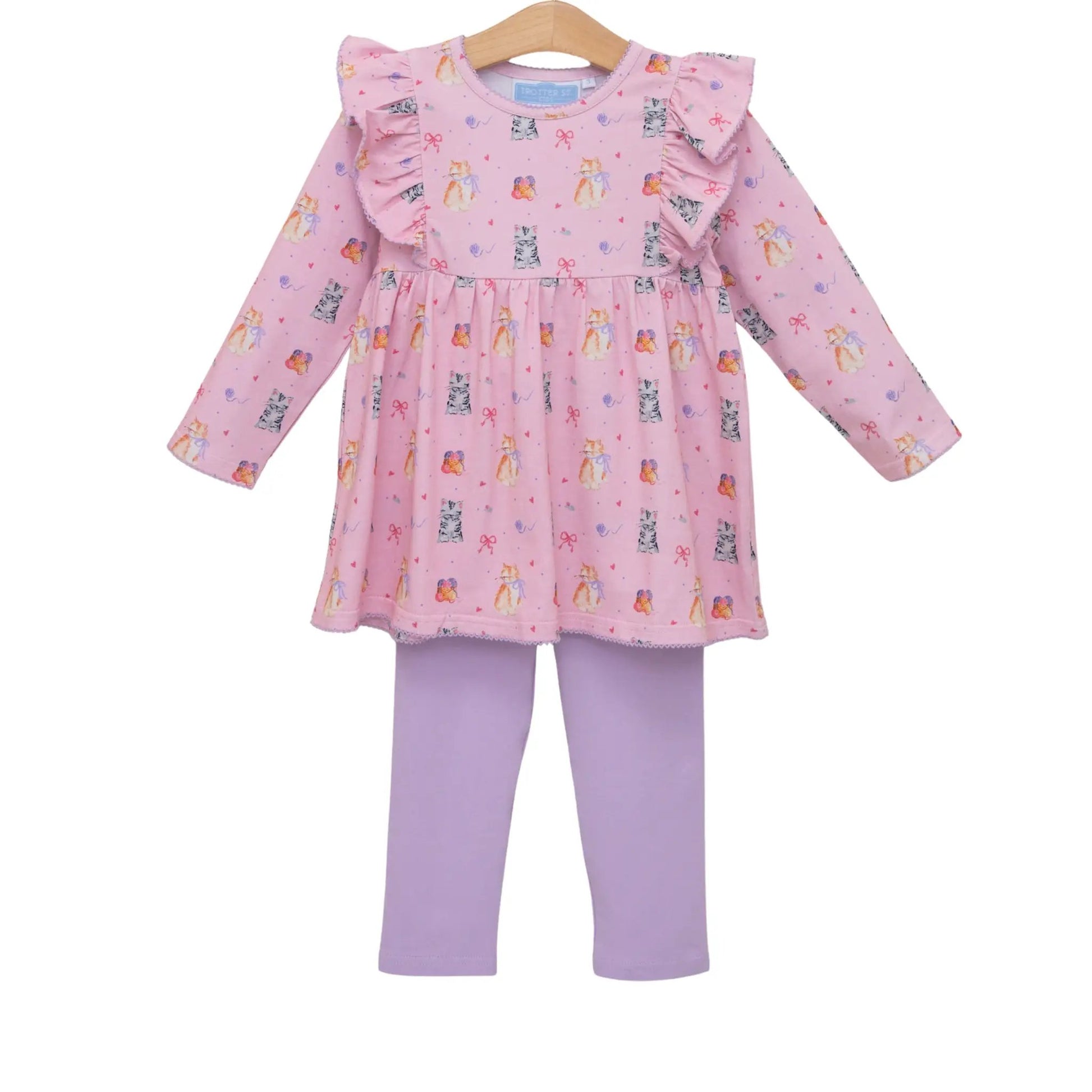 Trotter Street Kids Girls Lavender & Pink Kitty Cat Fluffy Friends Pant Set