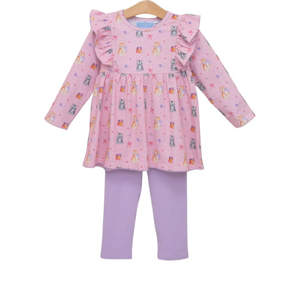 Trotter Street Kids Girls Lavender & Pink Kitty Cat Fluffy Friends Pant Set