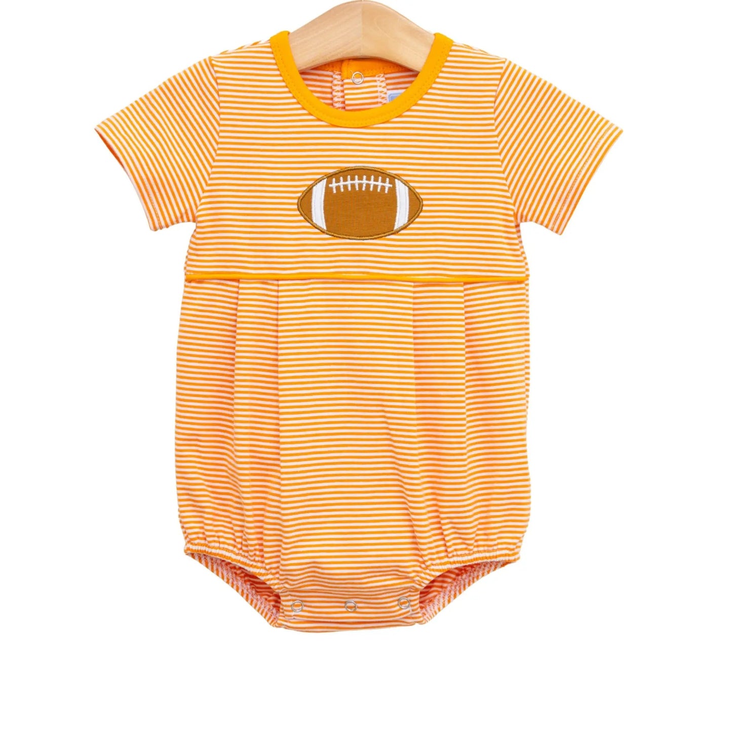 Trotter Street Boys orange football bubble romper with striped pattern and patch