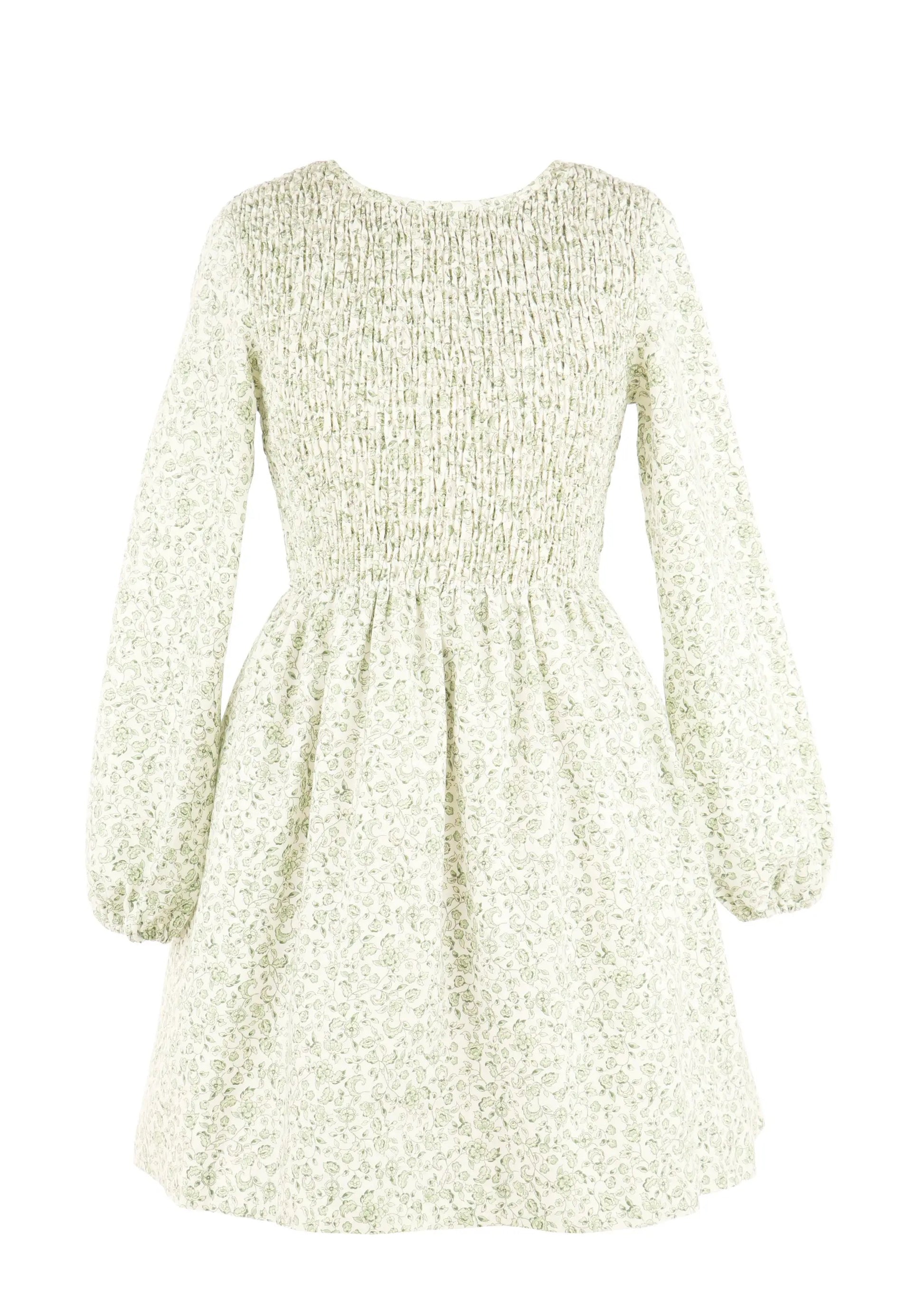 Luli & Me Gabby Girls Sophie Shirred Bodice Smocked Dress - Green Floral