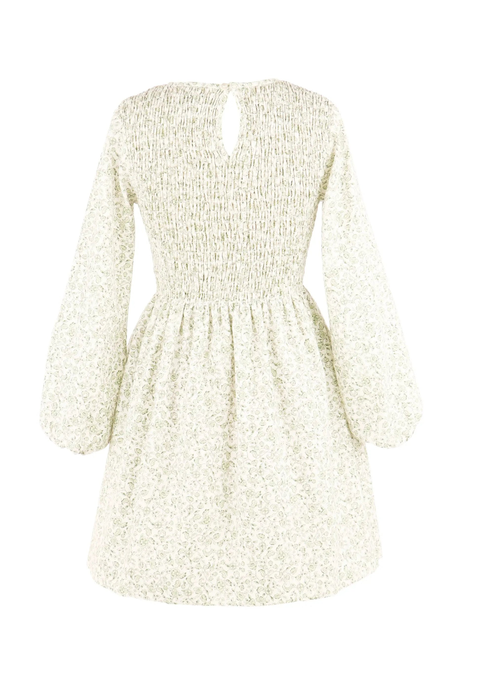 Luli & Me Gabby Girls Sophie Shirred Bodice Smocked Dress - Green Floral