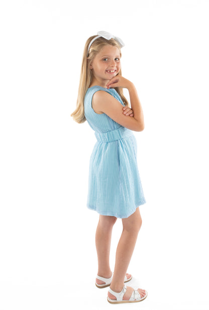Luli & Me Gabby Girls Grace Sleeveless Dress with Belt - Blue by Luli & Me