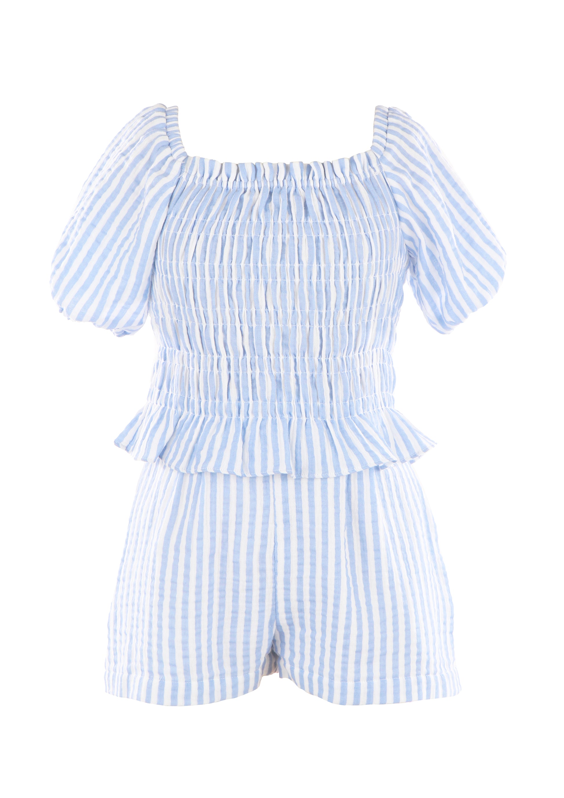 Luli & Me Girls Blue Stripe Smocked Emily Shorts Set