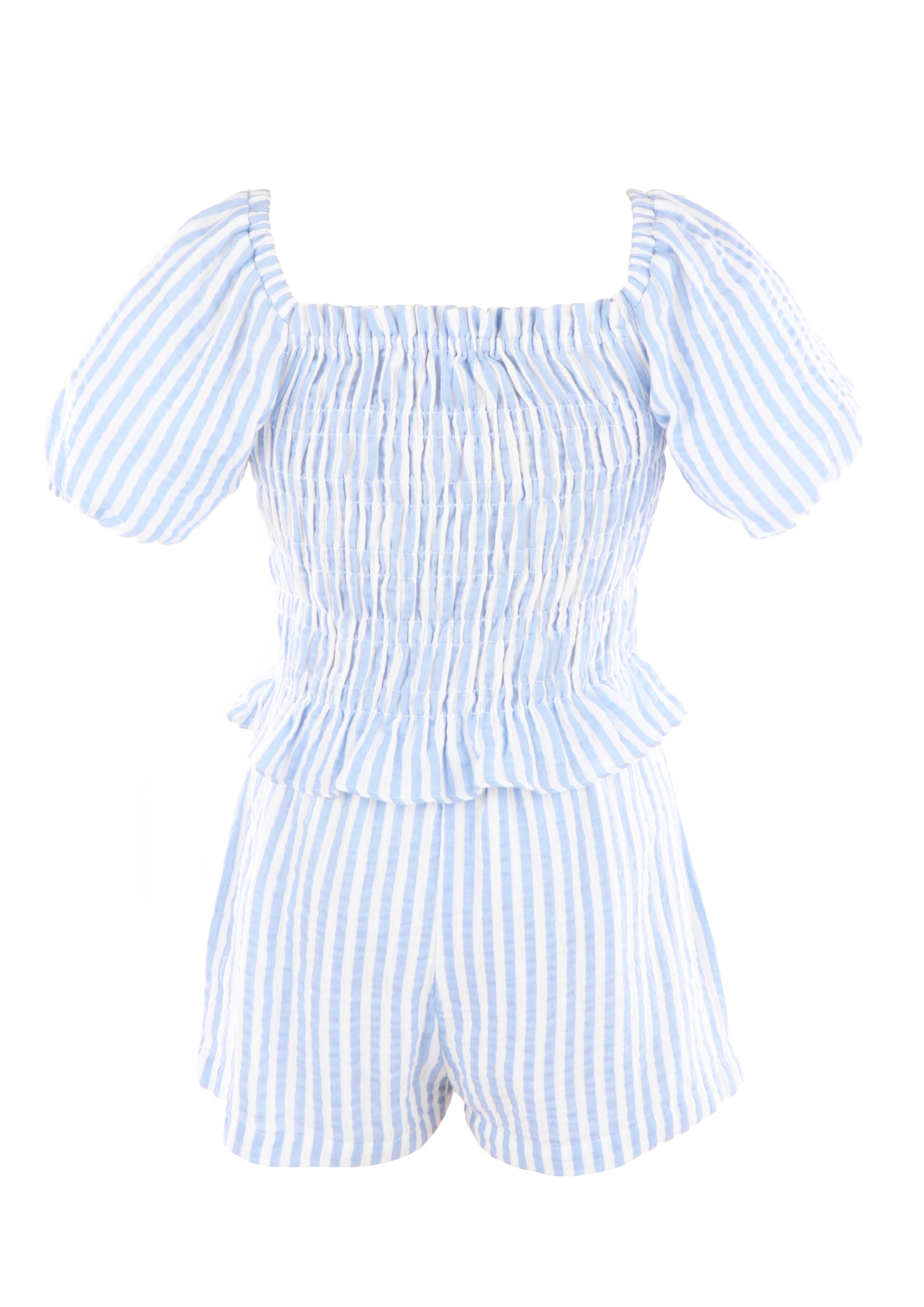 Luli & Me Girls Blue Stripe Smocked Emily Shorts Set