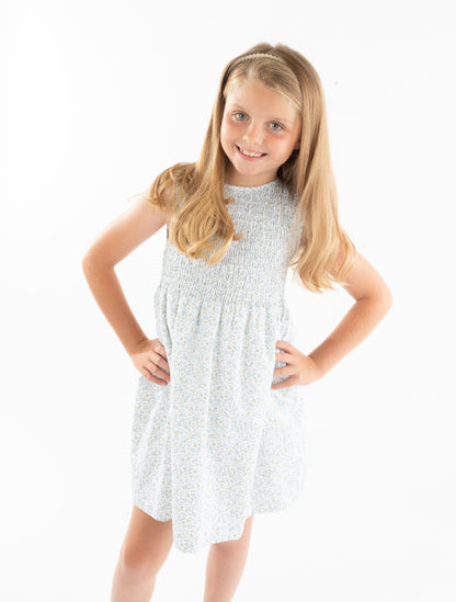 Luli & Me Gabby Girls Sleeveless Smocked Bodice Dress - Floral - Blue by Luli & Me