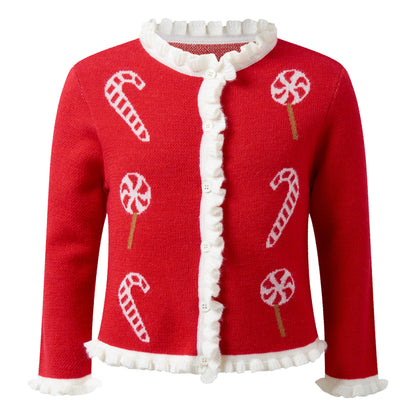 Rachel Riley London Girls Red Christmas Candy Cane Cardigan Sweater
