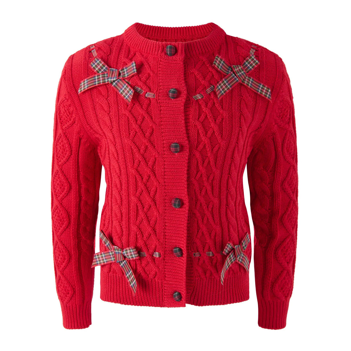 Rachel Riley London Girls Red Cable Knit Cardigan Sweater with Tartan Plaid Bows