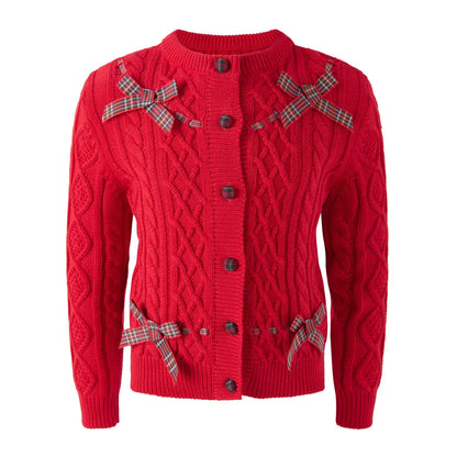 Rachel Riley London Girls Red Cable Knit Cardigan Sweater with Tartan Plaid Bows by Rachel Riley