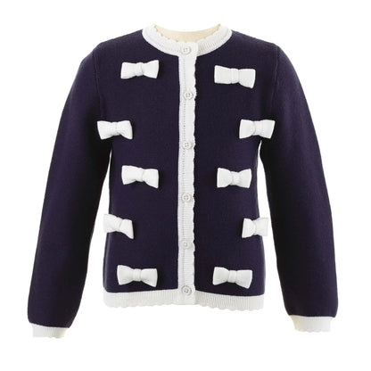 Rachel Riley London Girls Navy Blue Knit Cardigan Sweater with White Bows by Rachel Riley