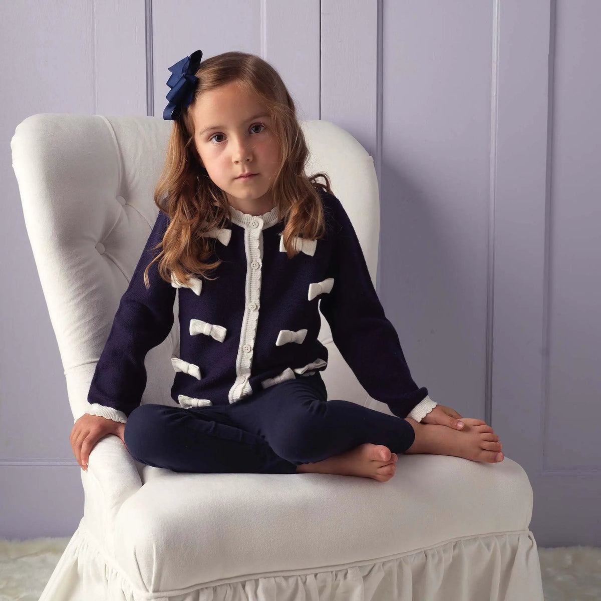 Rachel Riley London Girls Navy Blue Knit Cardigan Sweater with White Bows by Rachel Riley