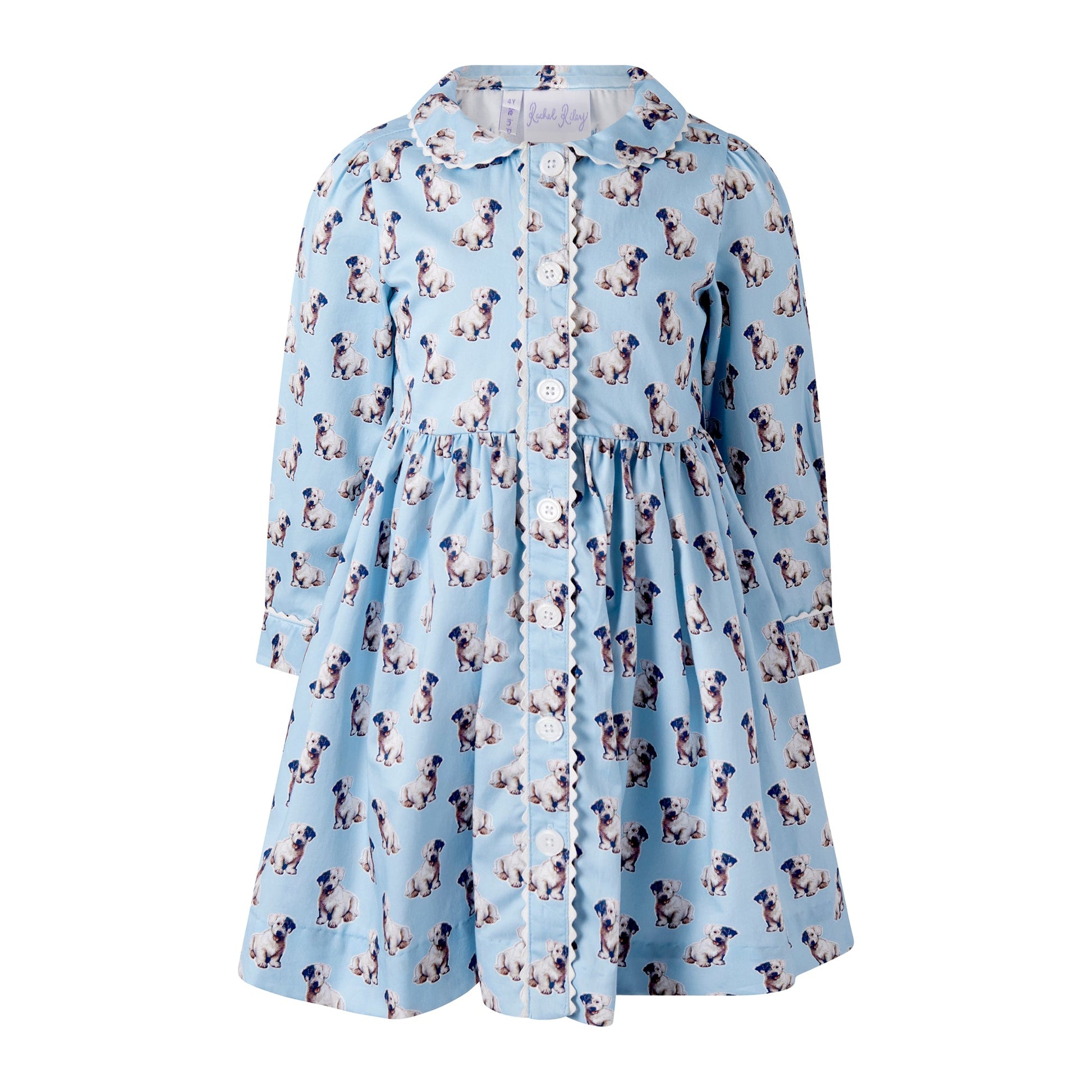 Rachel Riley London Girls Blue Puppy Dog Button Front Dress