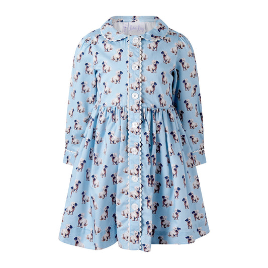 Rachel Riley London Girls Blue Puppy Dog Button Front Dress by Rachel Riley