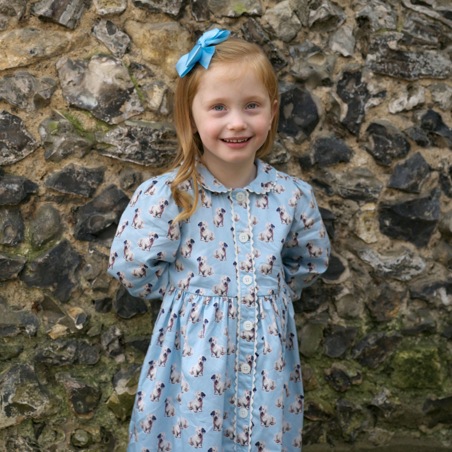 Rachel Riley London Girls Blue Puppy Dog Button Front Dress by Rachel Riley