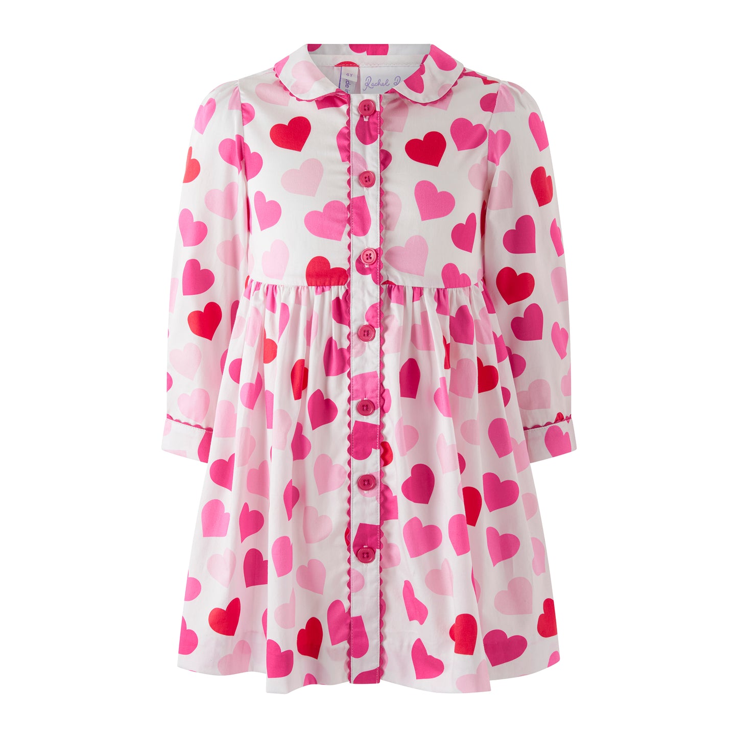 Rachel Riley London Girls Pink Scatter Hearts Button Front Dress by Rachel Riley