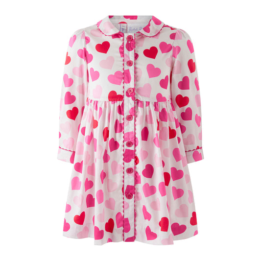 Rachel Riley London Girls Pink Scatter Hearts Button Front Dress by Rachel Riley