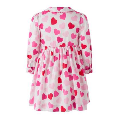 Rachel Riley London Girls Pink Scatter Hearts Button Front Dress by Rachel Riley